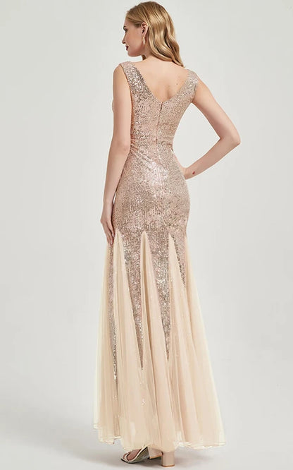 Burgundy Sequin Sheath Pleated Sleeveless Party Floor-length Round V Neck Prom Dress/Dress For Formal
