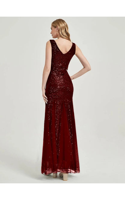 Burgundy Sequin Sheath Pleated Sleeveless Party Floor-length Round V Neck Prom Dress/Dress For Formal
