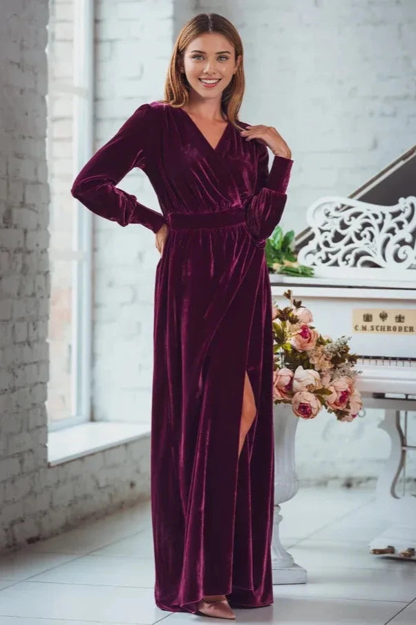 Burgundy Velvet Long Wrap Dress Bridesmaid Velvet Dress Velvet Bridesmaid Dress New Year Dress Maxi Dress Evening Dress Prom Dress