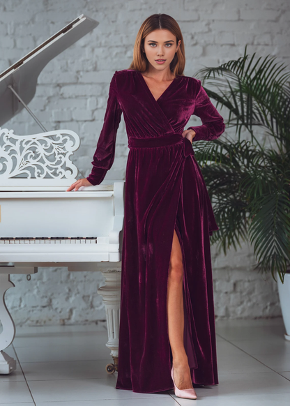 Burgundy Velvet Long Wrap Dress Bridesmaid Velvet Dress Velvet Bridesmaid Dress New Year Dress Maxi Dress Evening Dress Prom Dress