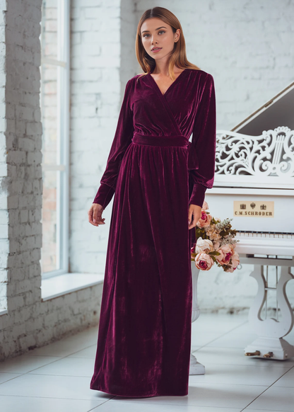 Burgundy Velvet Long Wrap Dress Bridesmaid Velvet Dress Velvet Bridesmaid Dress New Year Dress Maxi Dress Evening Dress Prom Dress