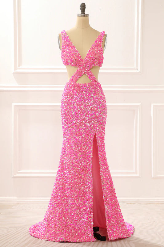 Mermaid Sparkly Hot Pink Prom Dress With Slit