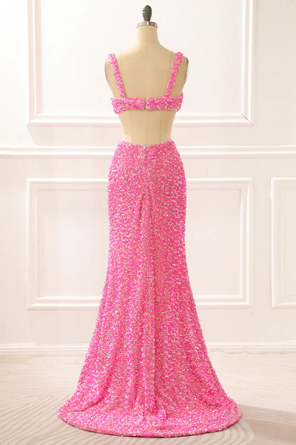 Mermaid Sparkly Hot Pink Prom Dress With Slit