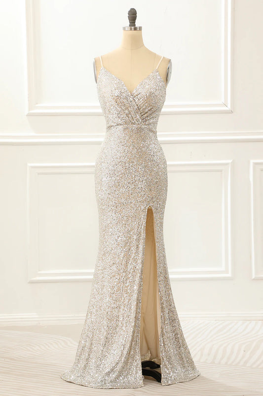 Mermaid Sequin Champagne Prom Dress With Slit