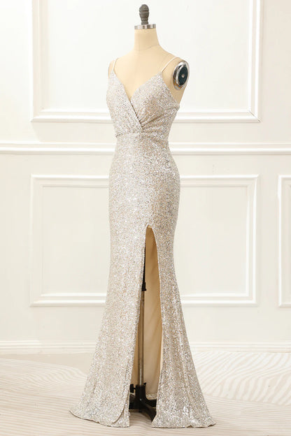 Mermaid Sequin Champagne Prom Dress With Slit