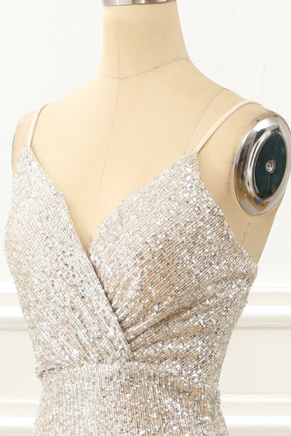 Mermaid Sequin Champagne Prom Dress With Slit