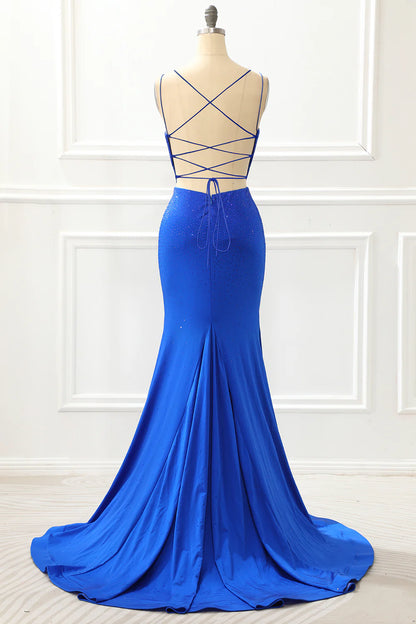 Royal Blue Satin Glitter Mermaid Prom Dress With Beading