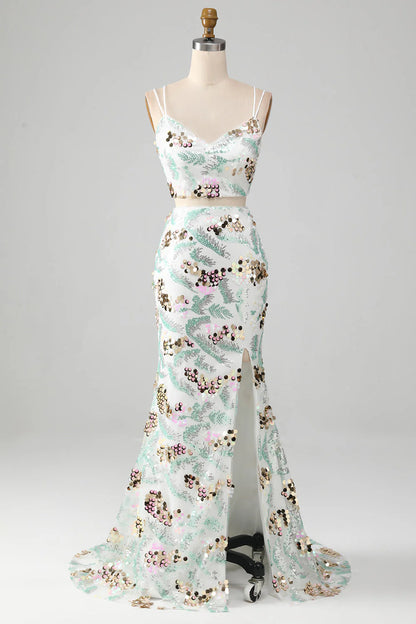 Mermaid Two-Piece Sparkly Sequin White Prom Dress With Slit