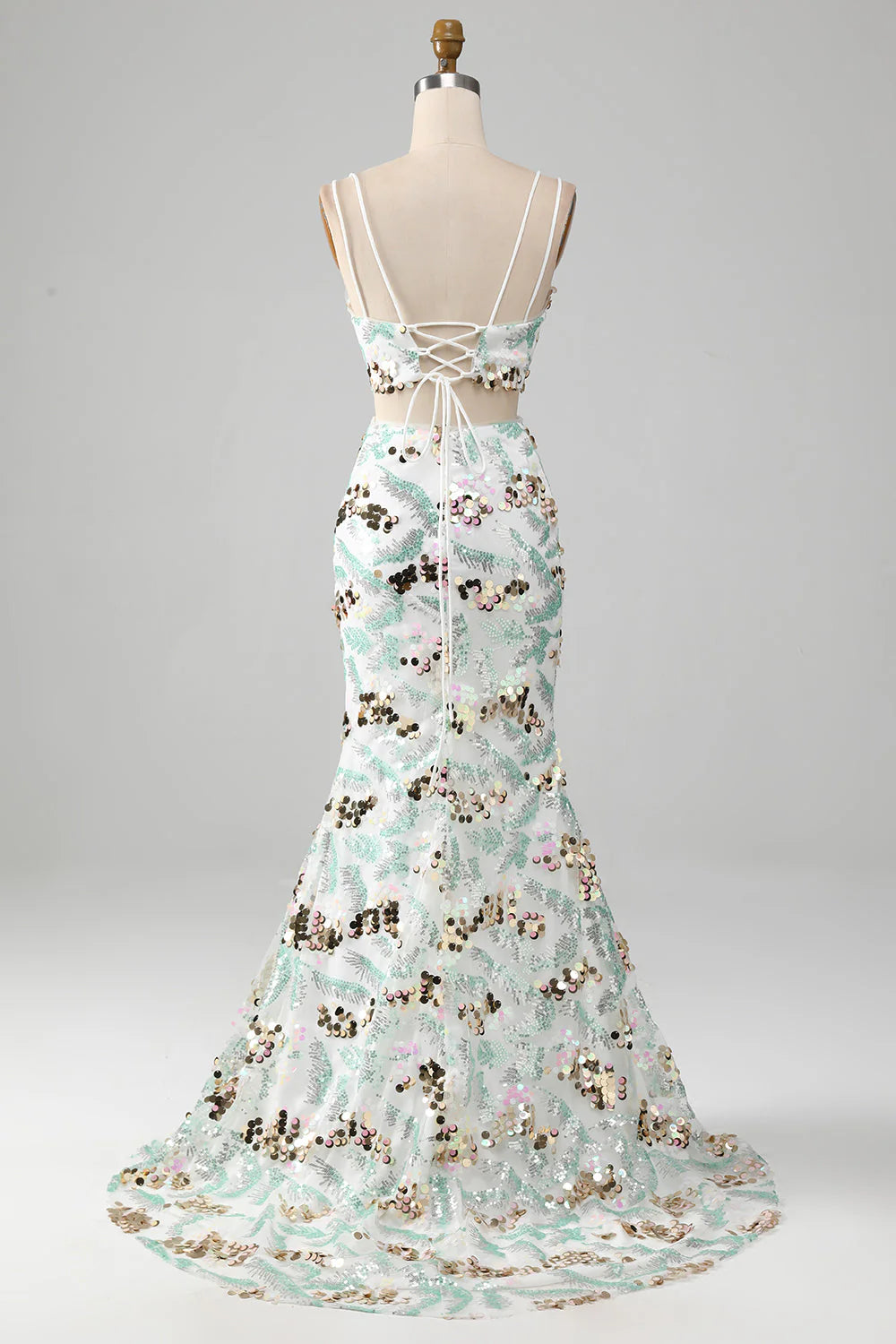 Mermaid Two-Piece Sparkly Sequin White Prom Dress With Slit