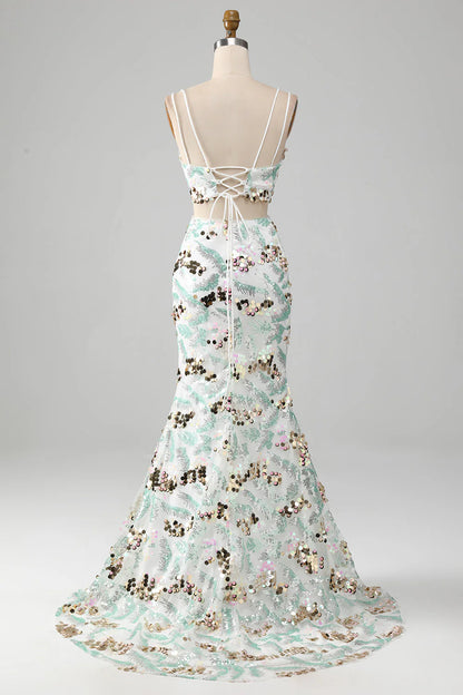 Mermaid Two-Piece Sparkly Sequin White Prom Dress With Slit