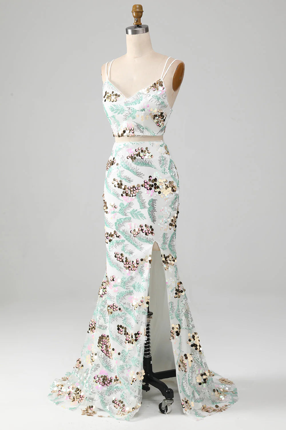Mermaid Two-Piece Sparkly Sequin White Prom Dress With Slit