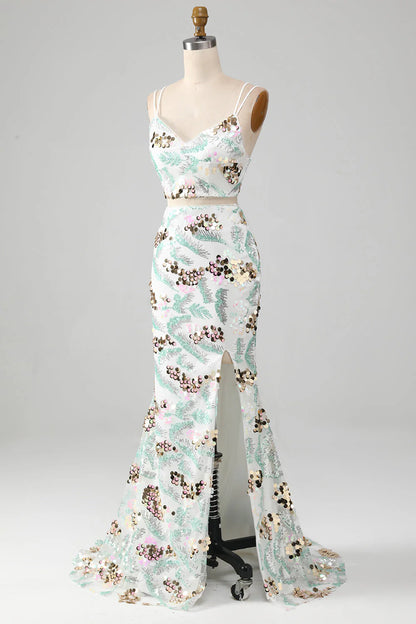 Mermaid Two-Piece Sparkly Sequin White Prom Dress With Slit