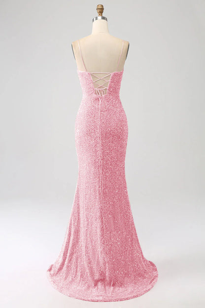 Sequins Mermaid Spaghetti Straps V-Neck Long Prom Dress