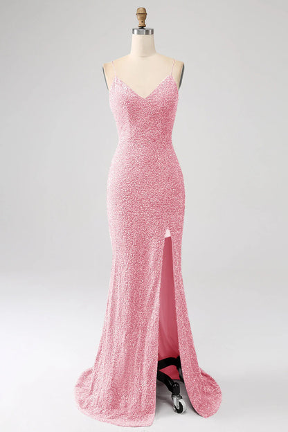 Sequins Mermaid Spaghetti Straps V-Neck Long Prom Dress