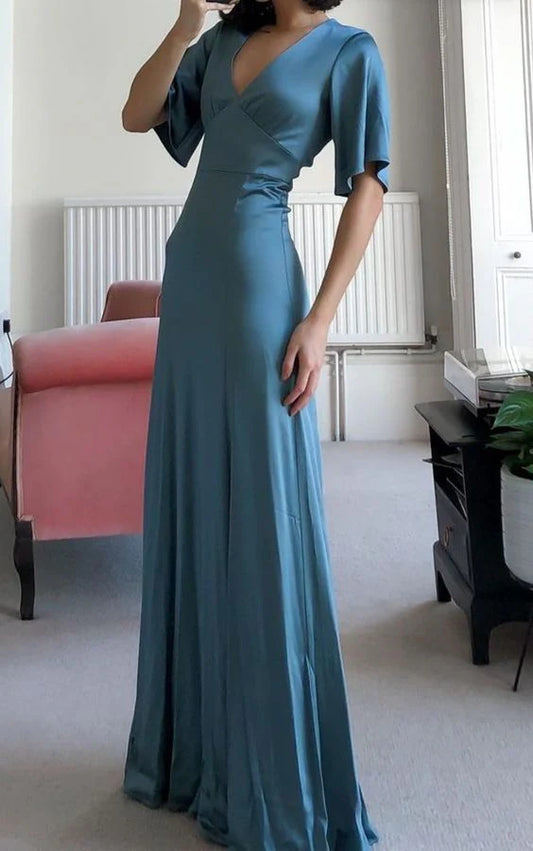 Charming A-Line V Neck Short Sleeve Zipper Up Floor-Length Prom Dress