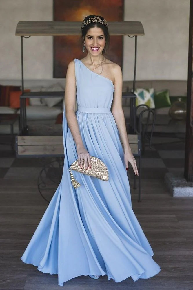 Chic A-Line One Shoulder Sleeveless Backless Floor-Length Prom Dress