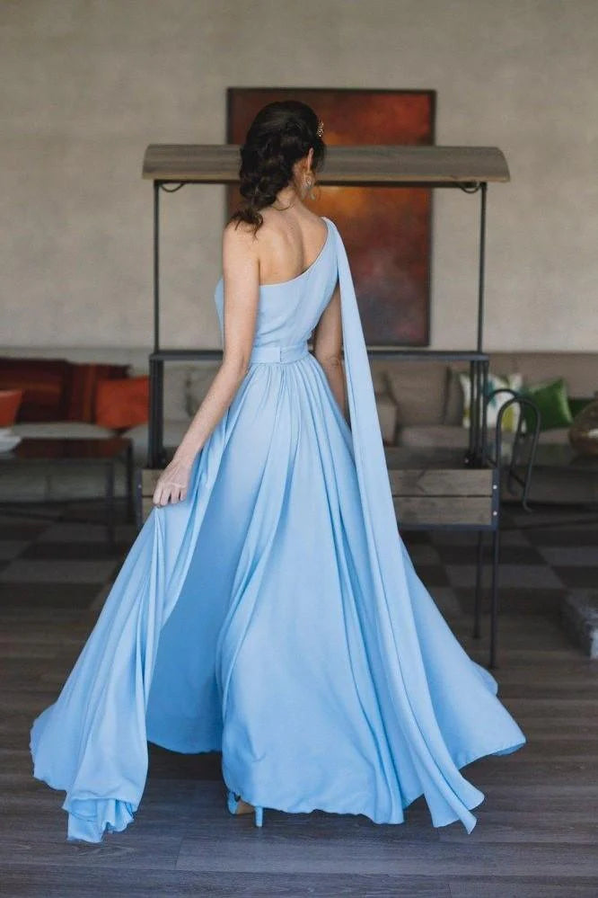 Chic A-Line One Shoulder Sleeveless Backless Floor-Length Prom Dress