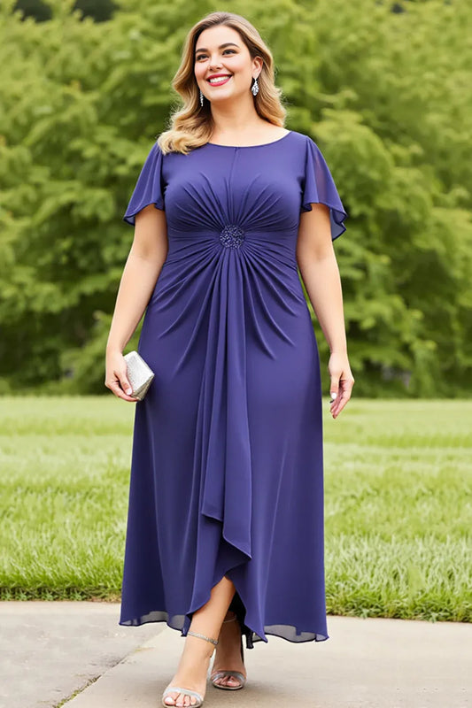 Chic A-Line Scoop Neck Flutter Sleeve Zipper Up Ankle-Length Plus Size Mother of the Bride Dress