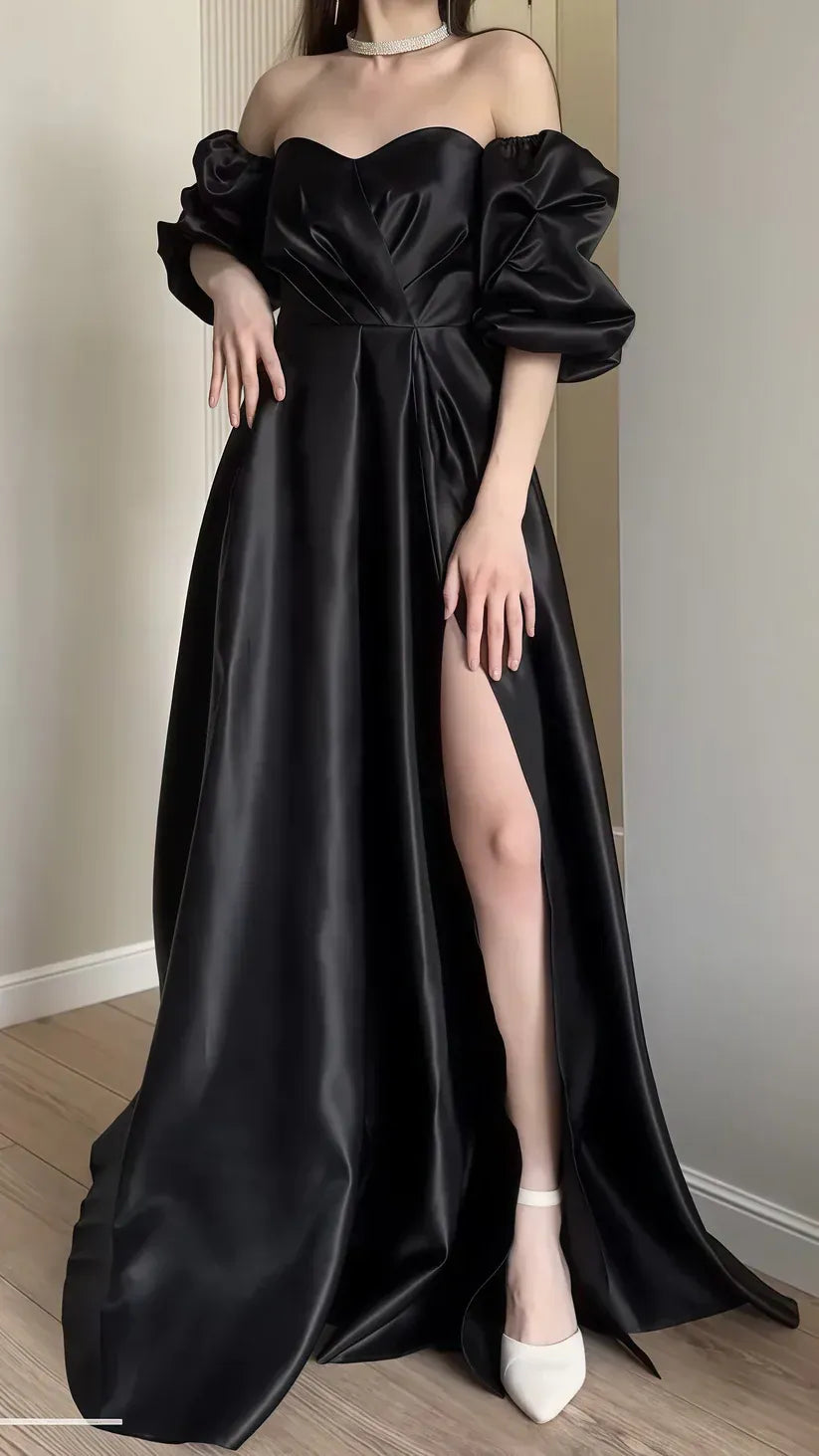 Chic A-line Off-shoulder Puff Slit Black Train Prom Dress For Female Guests