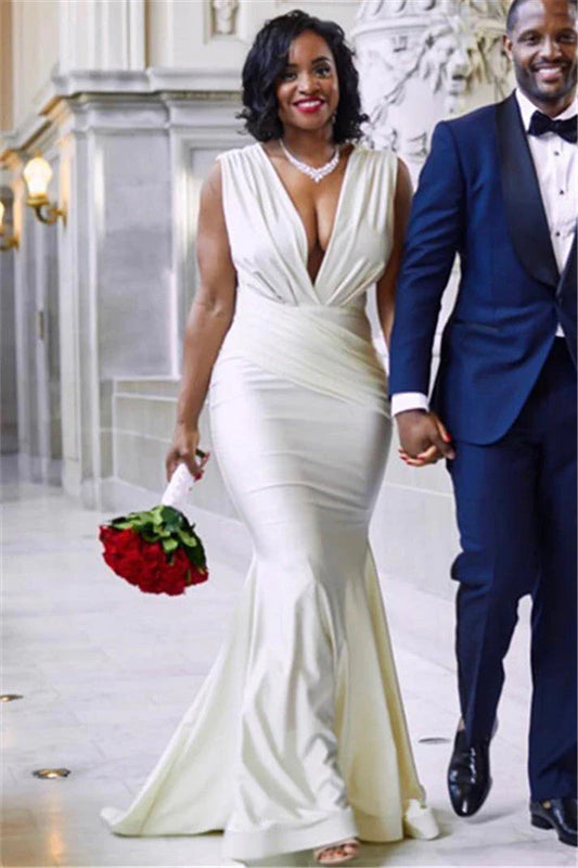 Chic Mermaid Deep V-Neck Sleeveless Backless Floor Length Prom Dress