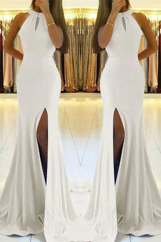 Chic Mermaid Halter Cutout White Slit Train Prom Dress For Female Guests