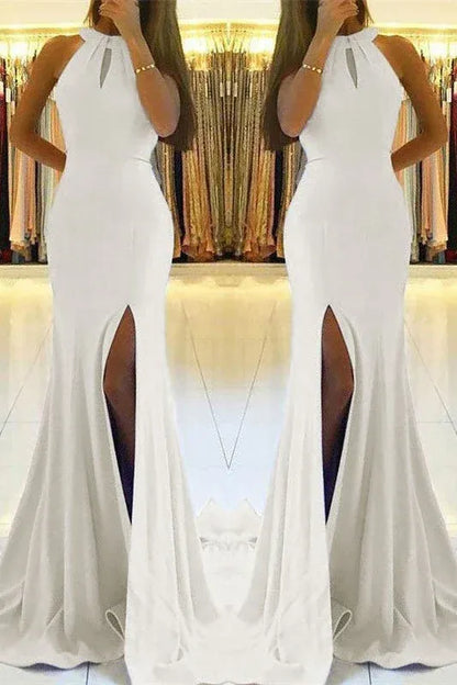 Chic Mermaid Halter Cutout White Slit Train Prom Dress For Female Guests