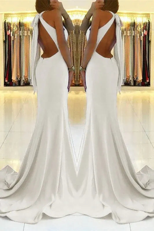 Chic Mermaid Halter Cutout White Slit Train Prom Dress For Female Guests