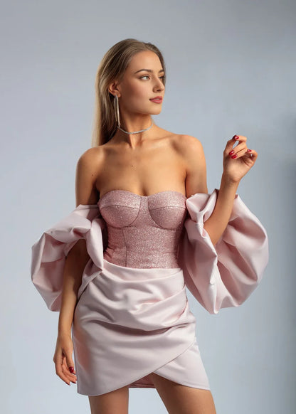 Chic Pink Satin Cocktail Dress Open Shoulders Puffy Sleeves Sparkling Corset Perfect For Graduation Parties Short Dress Prom Dress