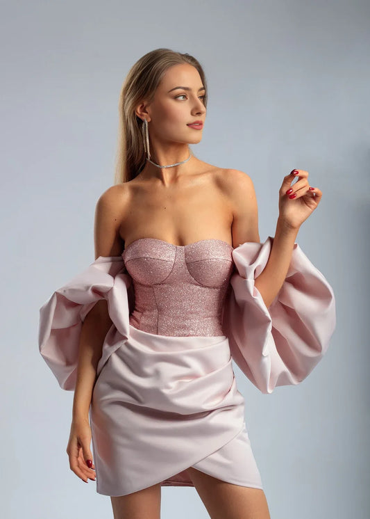 Chic Pink Satin Cocktail Dress Open Shoulders Puffy Sleeves Sparkling Corset Perfect For Graduation Parties Short Dress Prom Dress