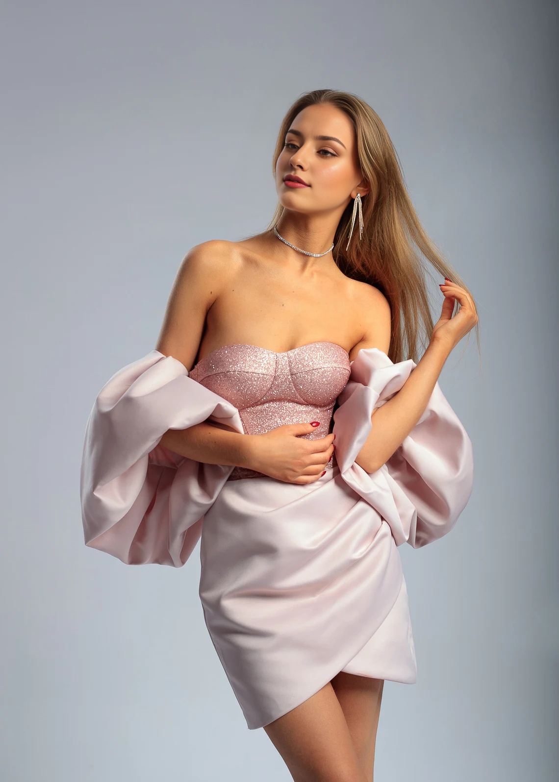 Chic Pink Satin Cocktail Dress Open Shoulders Puffy Sleeves Sparkling Corset Perfect For Graduation Parties Short Dress Prom Dress