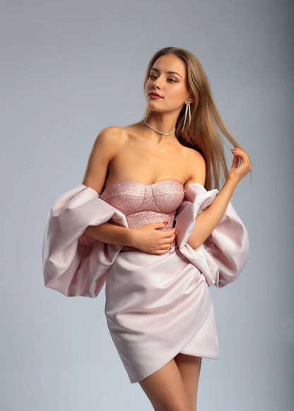 Chic Pink Satin Cocktail Dress Open Shoulders Puffy Sleeves Sparkling Corset Perfect For Graduation Parties Short Dress Prom Dress