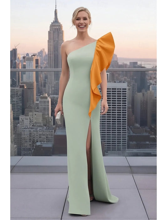 Chic Sheath One-Shoulder Ruffle Mint Orange Train Prom Dress With Slit