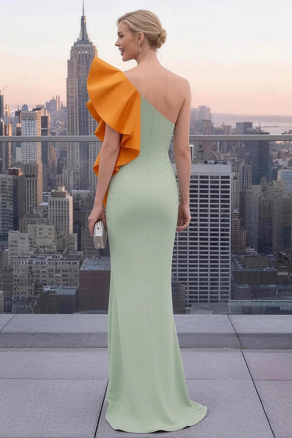 Chic Sheath One-Shoulder Ruffle Mint Orange Train Prom Dress With Slit