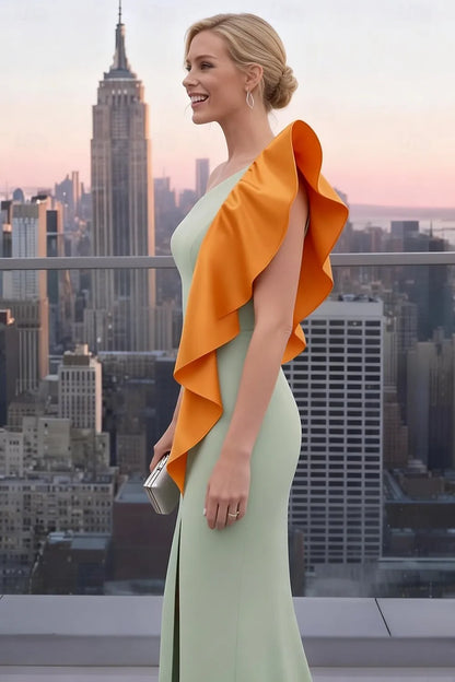 Chic Sheath One-Shoulder Ruffle Mint Orange Train Prom Dress With Slit