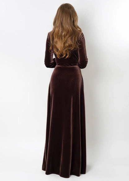 Chocolate Brown Velvet Long Dress Bridesmaid Velvet Dress Wedding Guest Dress Velvet Gown Velvet Slit Dress Maxi Dress Evening Prom Dress