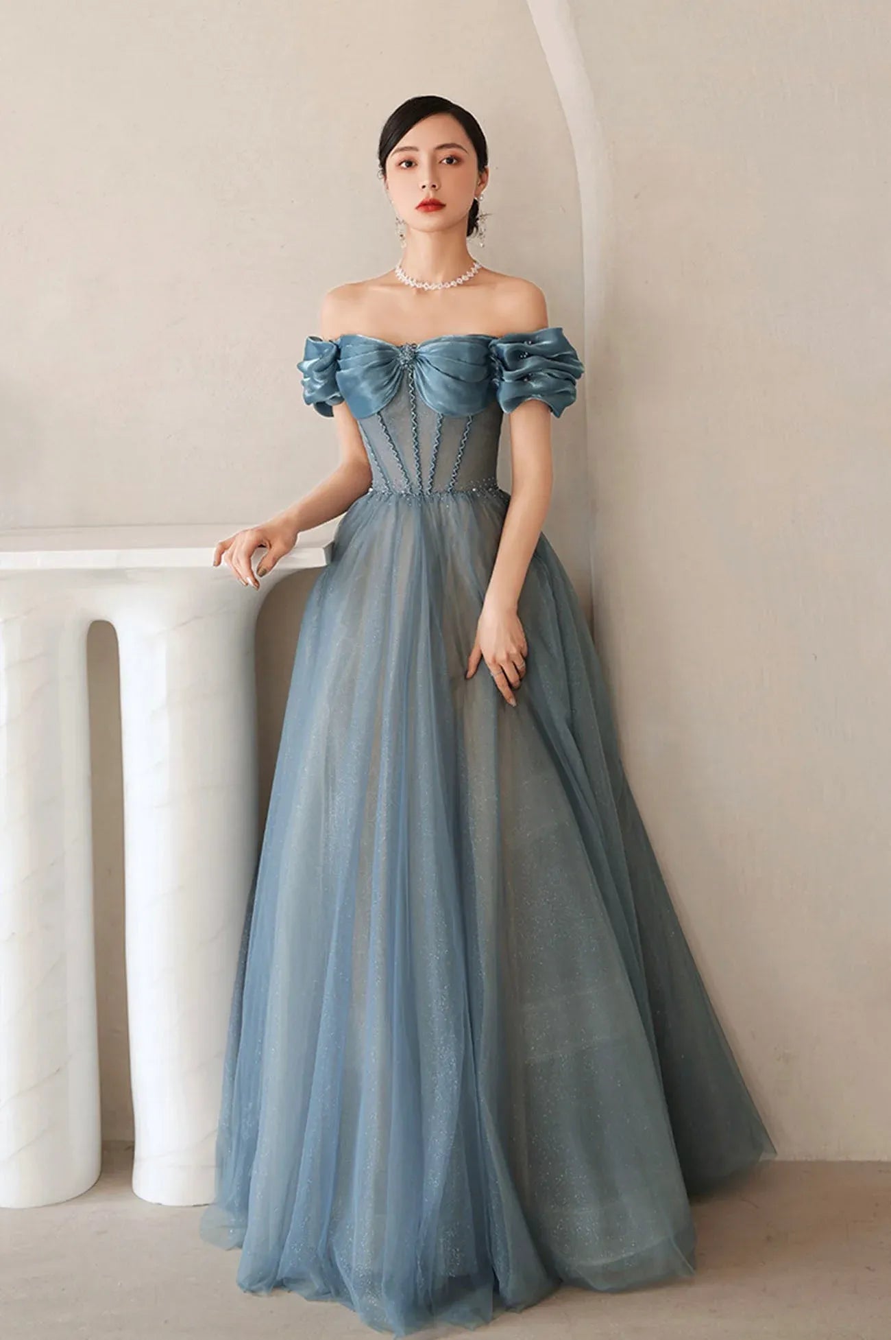Cute A-Line Off the Shoulder Sleeveless Lace Up Floor-Length Prom Dress