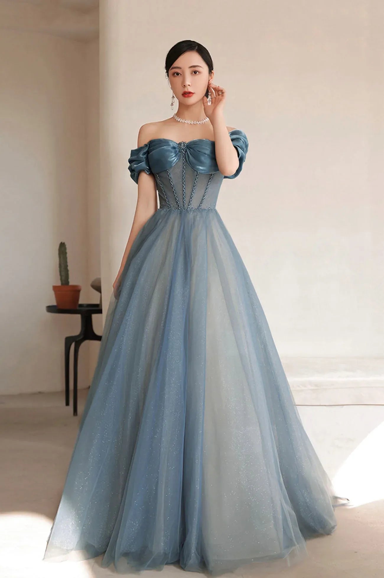 Cute A-Line Off the Shoulder Sleeveless Lace Up Floor-Length Prom Dress