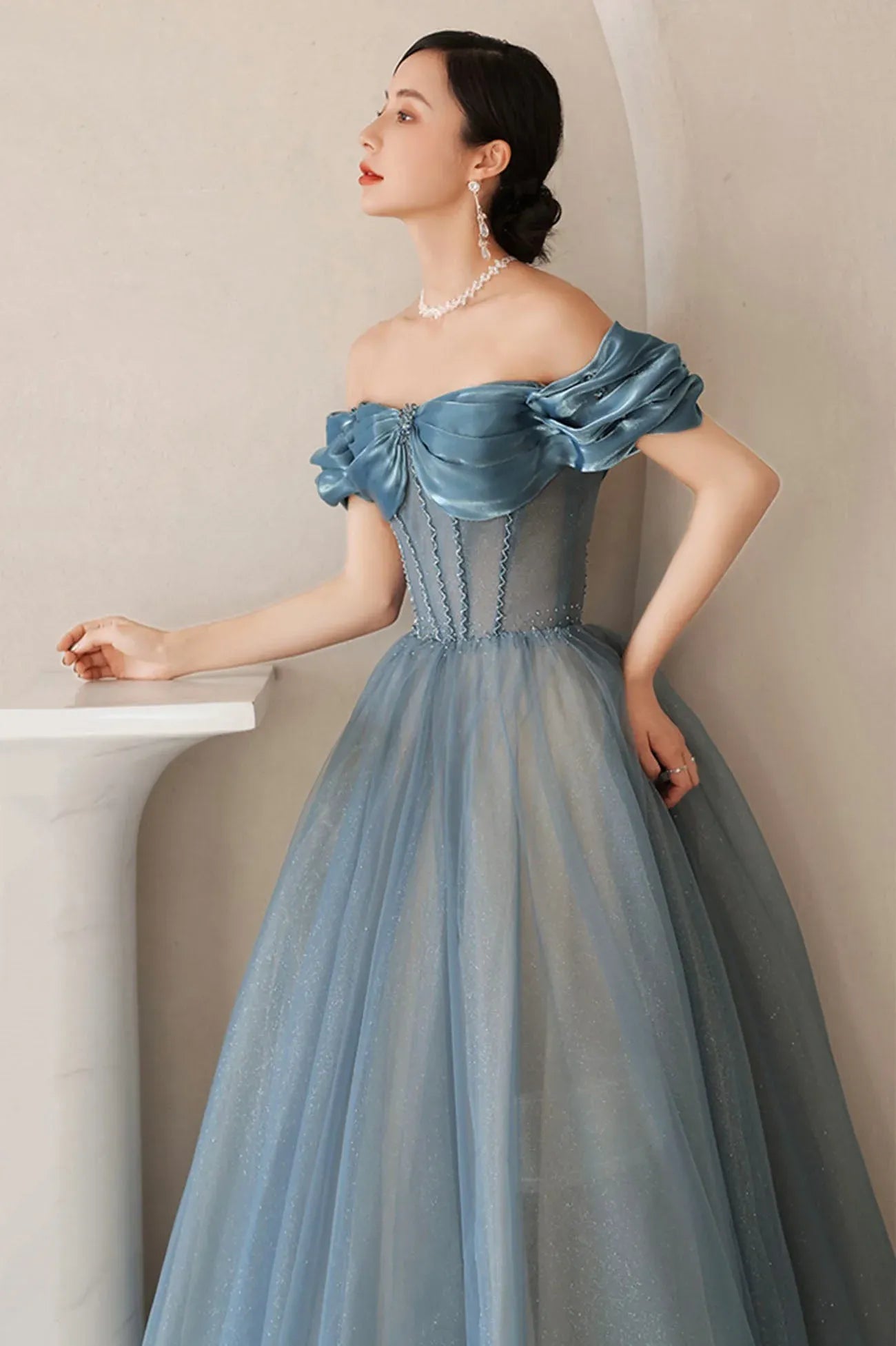 Cute A-Line Off the Shoulder Sleeveless Lace Up Floor-Length Prom Dress