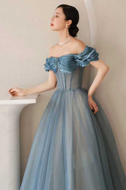 Cute A-Line Off the Shoulder Sleeveless Lace Up Floor-Length Prom Dress