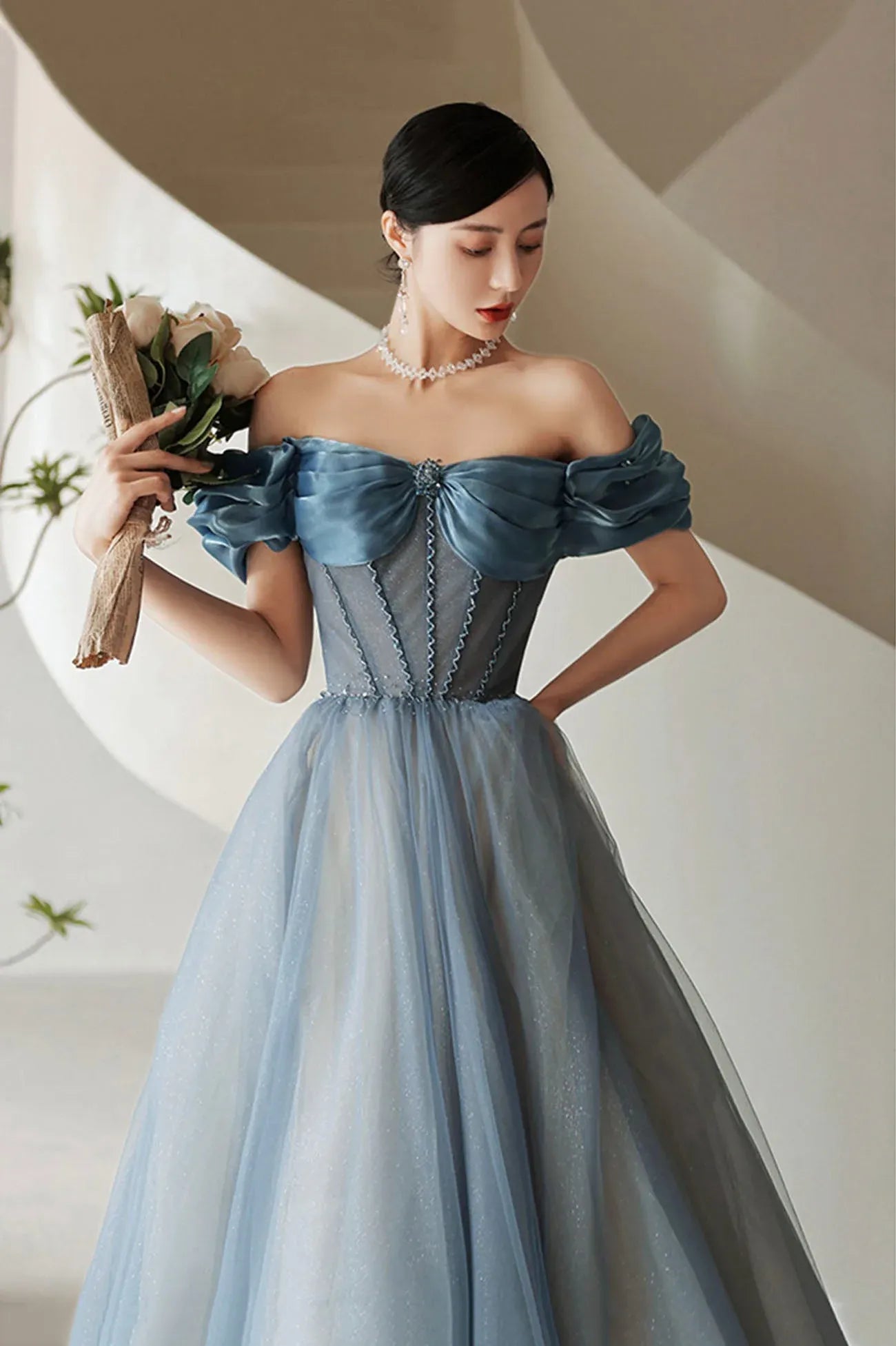 Cute A-Line Off the Shoulder Sleeveless Lace Up Floor-Length Prom Dress