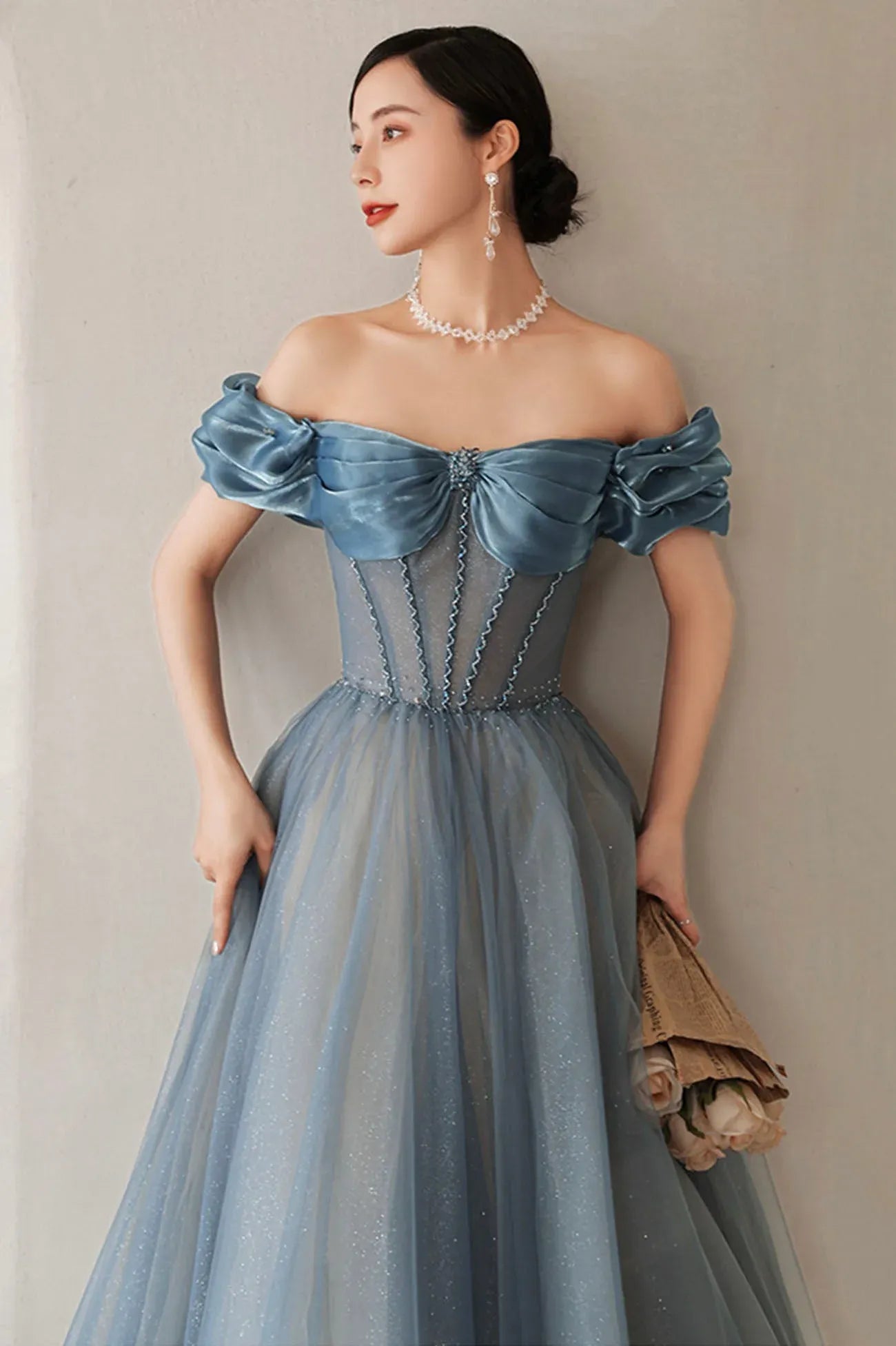 Cute A-Line Off the Shoulder Sleeveless Lace Up Floor-Length Prom Dress