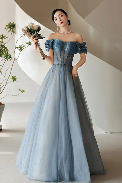 Cute A-Line Off the Shoulder Sleeveless Lace Up Floor-Length Prom Dress