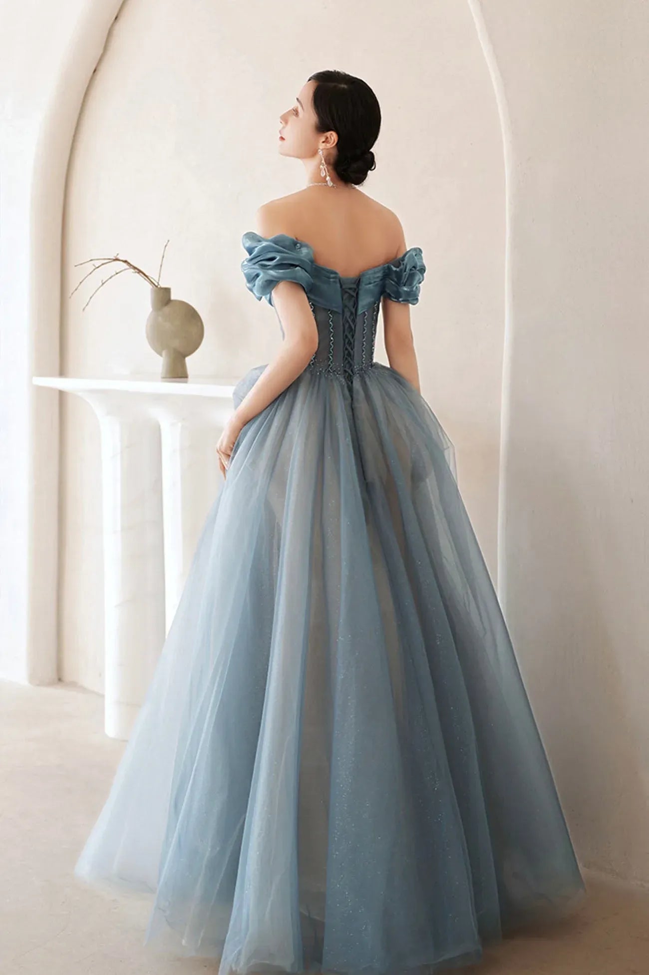 Cute A-Line Off the Shoulder Sleeveless Lace Up Floor-Length Prom Dress