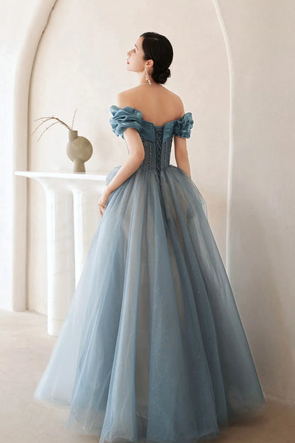 Cute A-Line Off the Shoulder Sleeveless Lace Up Floor-Length Prom Dress