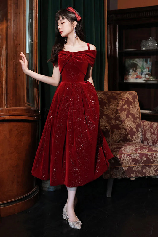 Cute A-Line Spaghetti Straps Sleeveless Lace Up Tea-Length Prom Dress