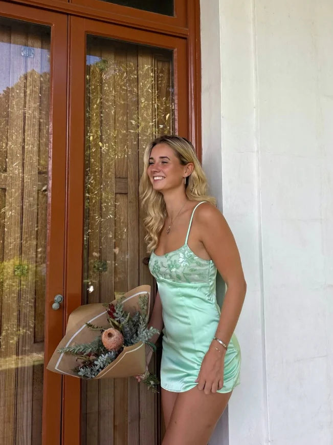 Cute A Line Spaghetti Strap Sleeveless Lace Up Short-Mini Prom Dresses