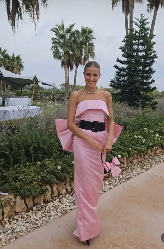 Cute Fitted Strapless Sleeveless Satin Bow Floor-Length Evening Dress