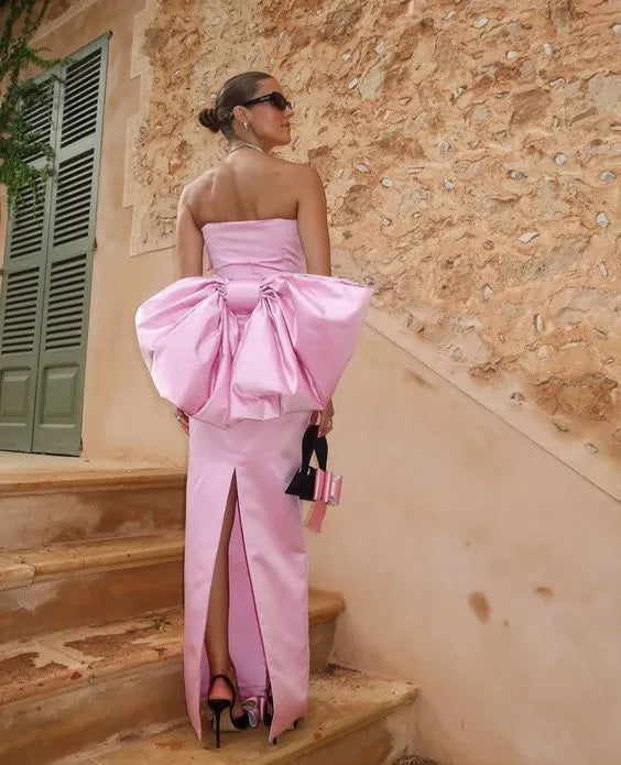 Cute Fitted Strapless Sleeveless Satin Bow Floor-Length Evening Dress