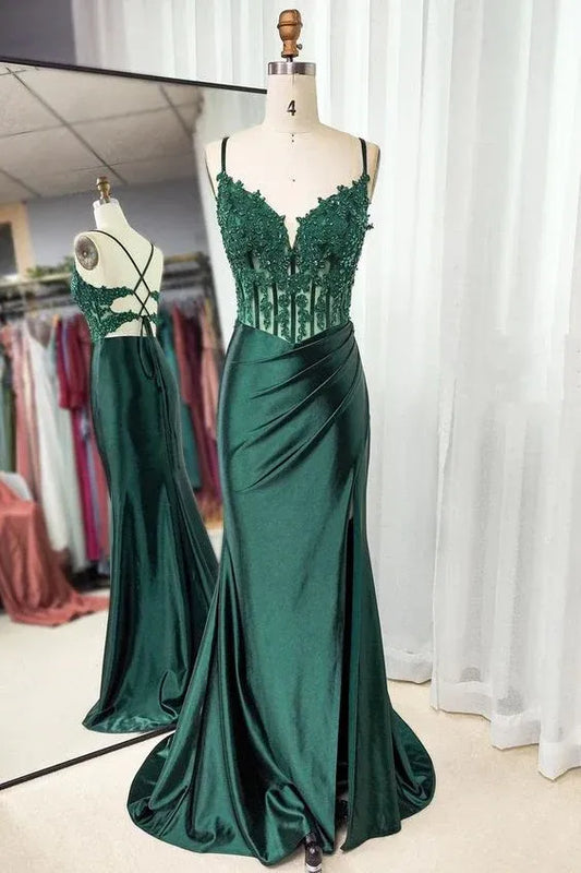 Cute Mermaid Spaghetti Straps Sleeveless Slit Satin Sweep Train Prom Dress