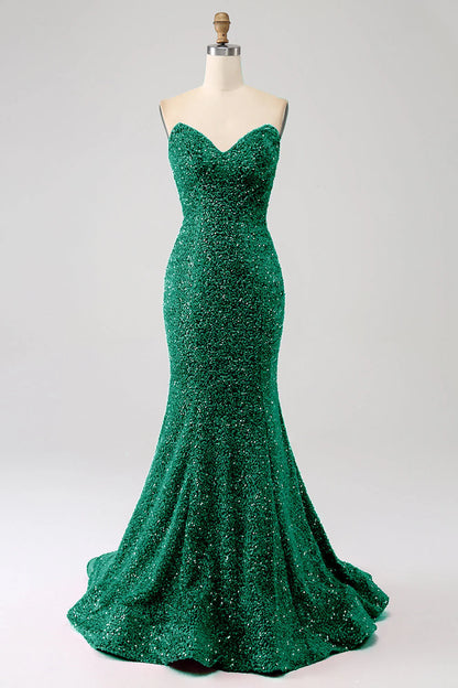 Sequins Mermaid Strapless Long Prom Dress